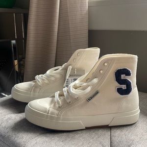 Superga 2295 Cotton High Top Sneakers - White Avorio Navy w/ “S” motif